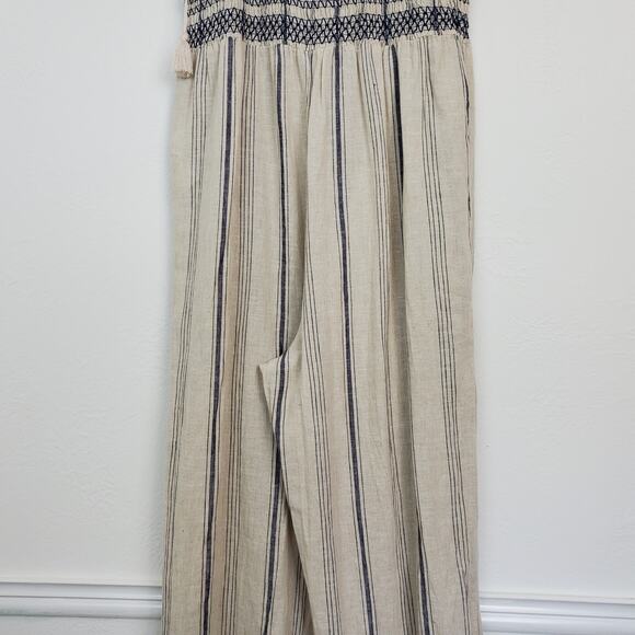 Madewell Jumpsuit Smocked Cami Linen Striped Summer Coastal Neutral Cream Gray - Picture 11 of 14